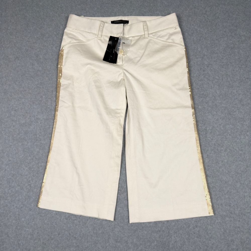 BCBGMAXAZRIA Polina Cropped Trousers Winter White Sequin Size 2 Wid Leg Casual - Picture 1 of 12